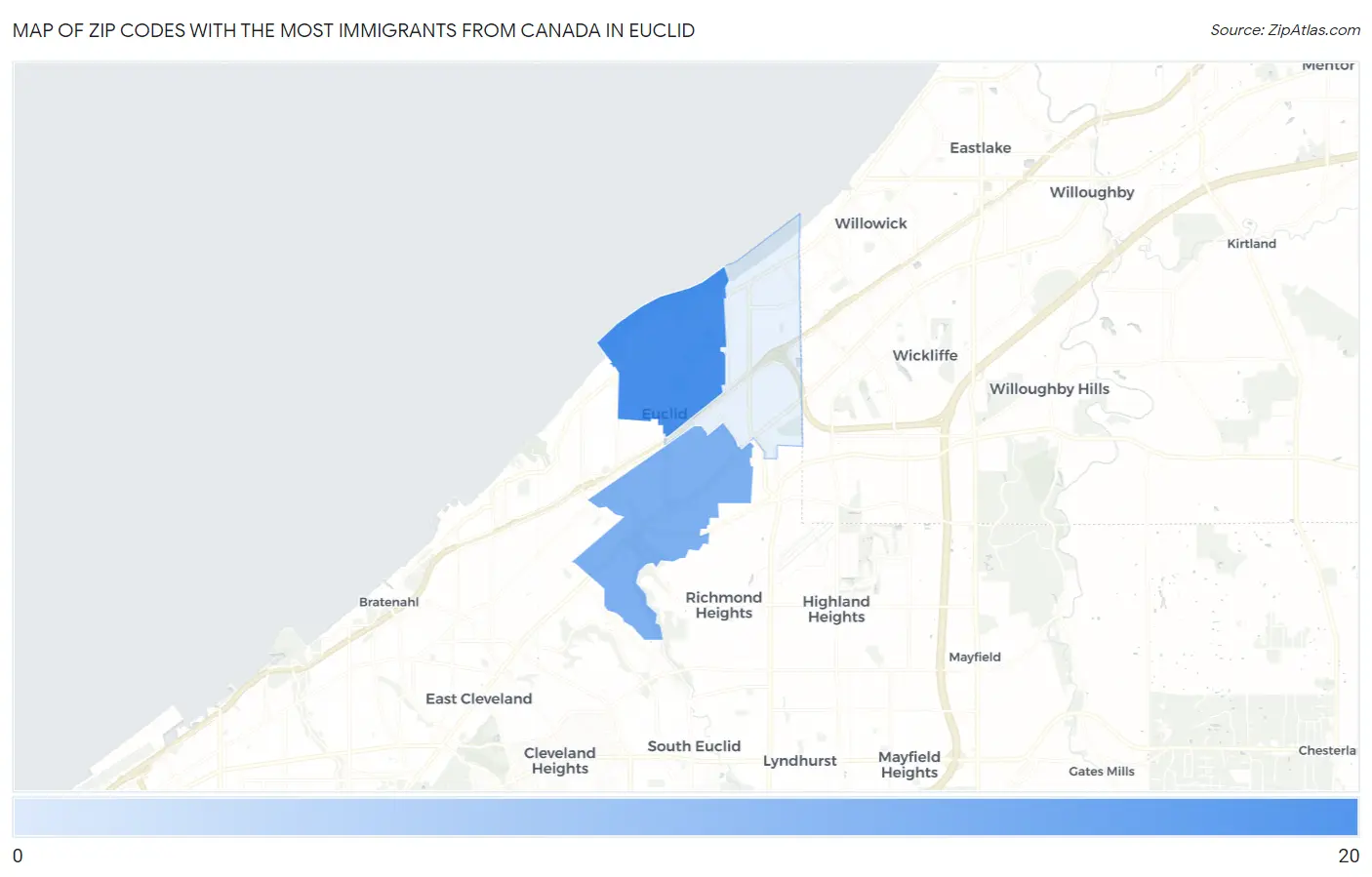 Zip Codes with the Most Immigrants from Canada in Euclid Map