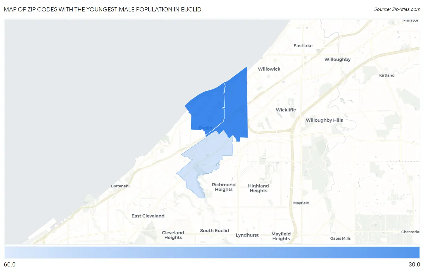 Zip Codes with the Youngest Male Population in Euclid Map