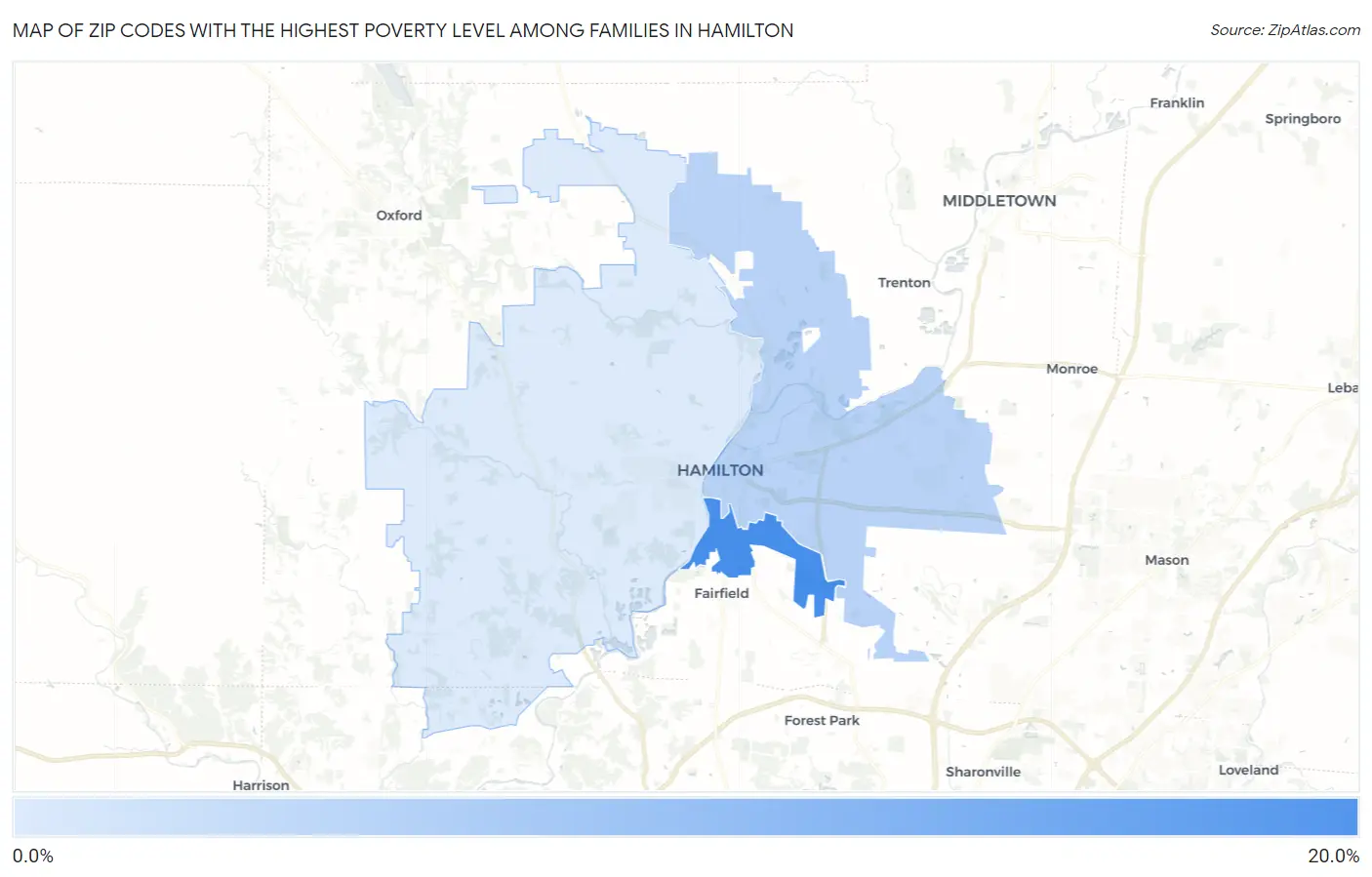 Zip Codes with the Highest Poverty Level Among Families in Hamilton Map