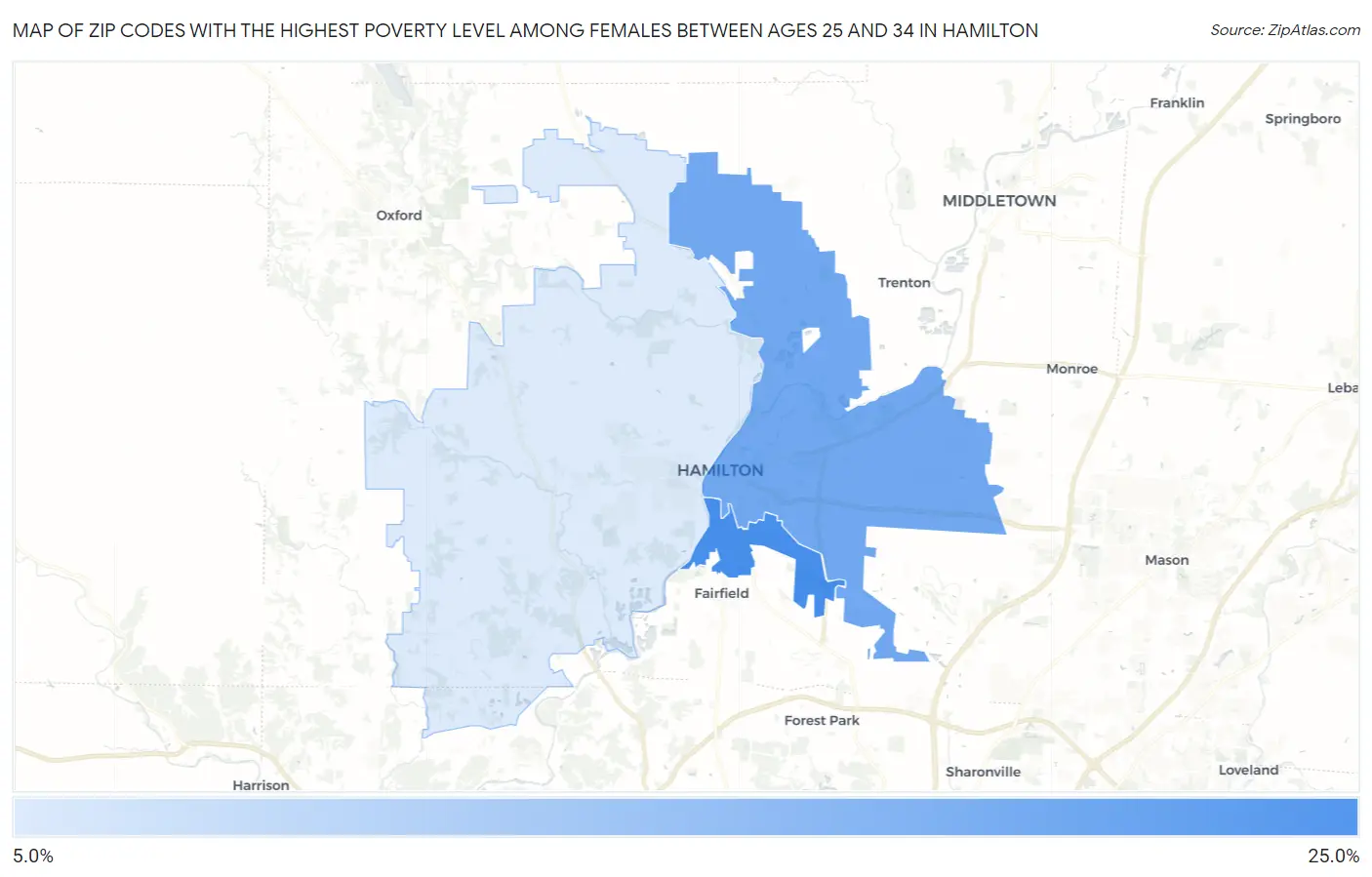 Zip Codes with the Highest Poverty Level Among Females Between Ages 25 and 34 in Hamilton Map
