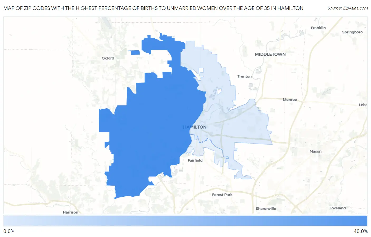 Zip Codes with the Highest Percentage of Births to Unmarried Women over the Age of 35 in Hamilton Map