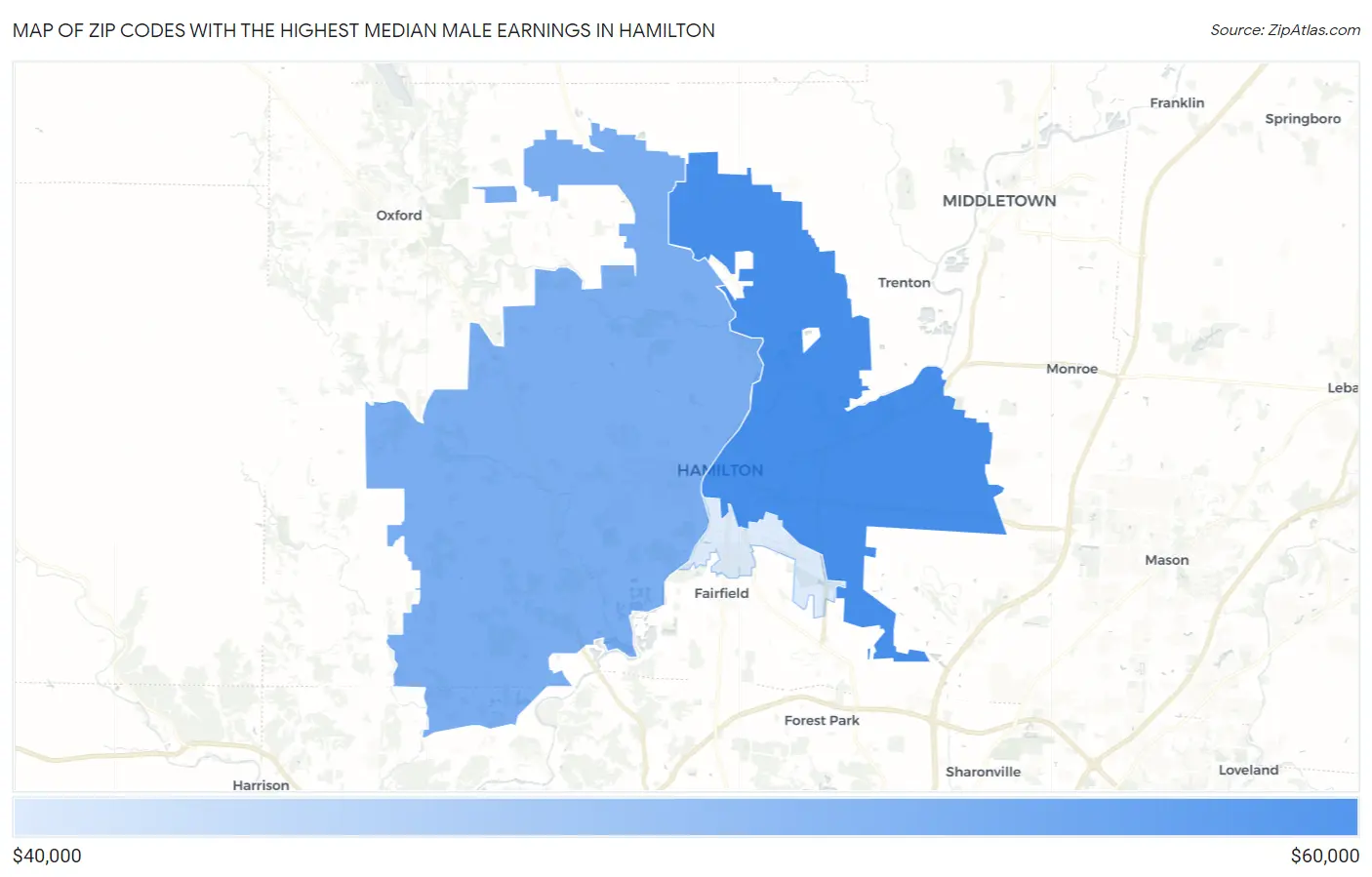 Zip Codes with the Highest Median Male Earnings in Hamilton Map