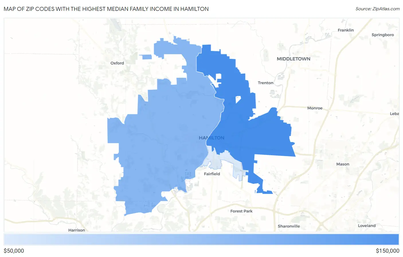 Zip Codes with the Highest Median Family Income in Hamilton Map