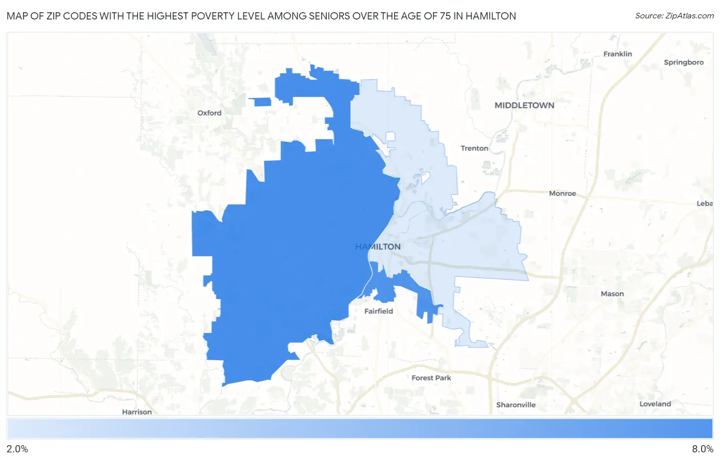 Zip Codes with the Highest Poverty Level Among Seniors Over the Age of 75 in Hamilton Map