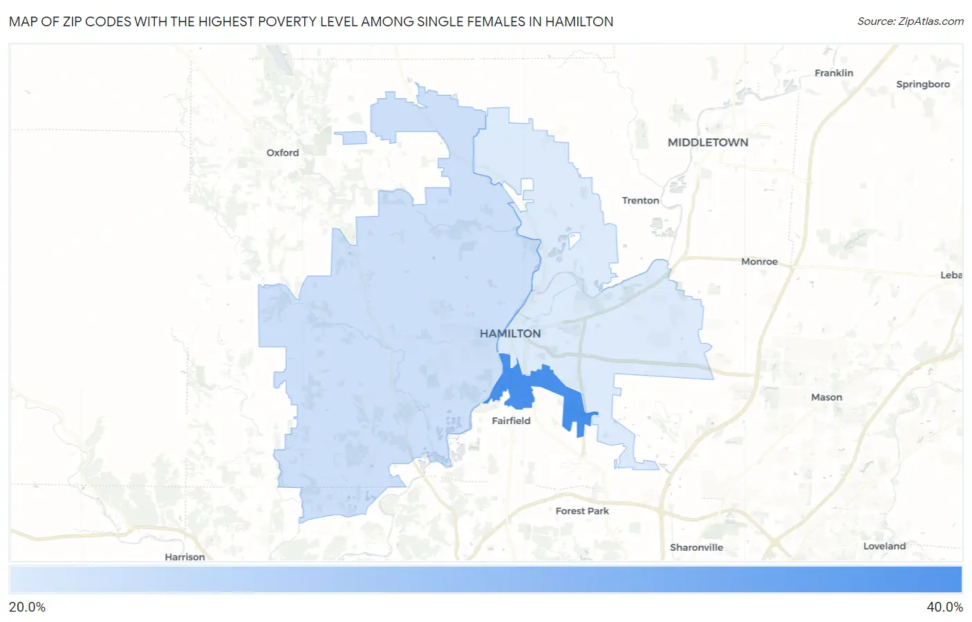 Zip Codes with the Highest Poverty Level Among Single Females in Hamilton Map
