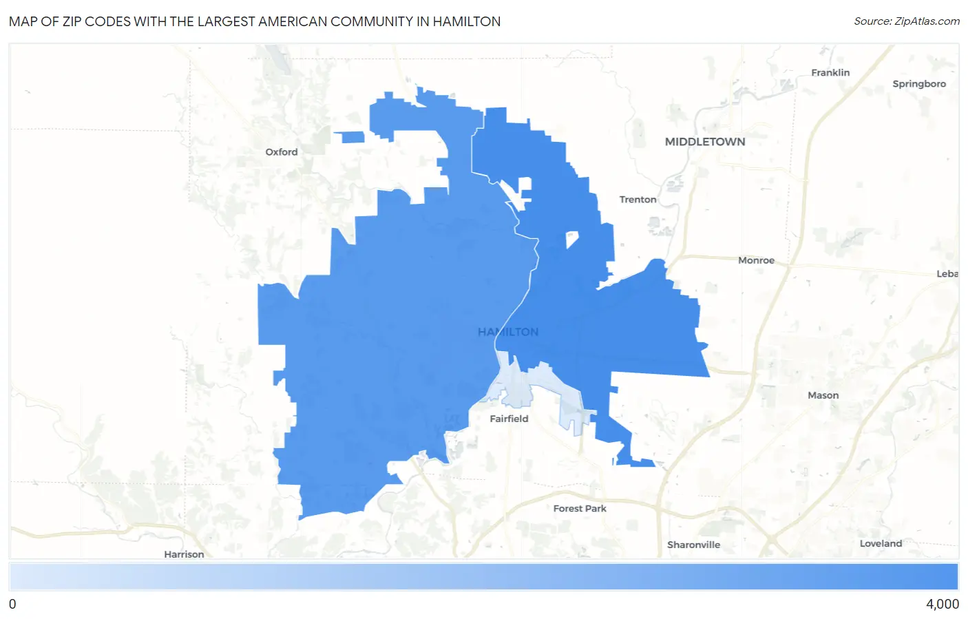 Zip Codes with the Largest American Community in Hamilton Map