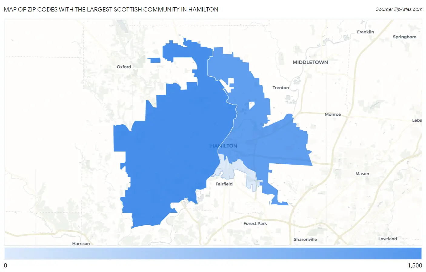 Zip Codes with the Largest Scottish Community in Hamilton Map
