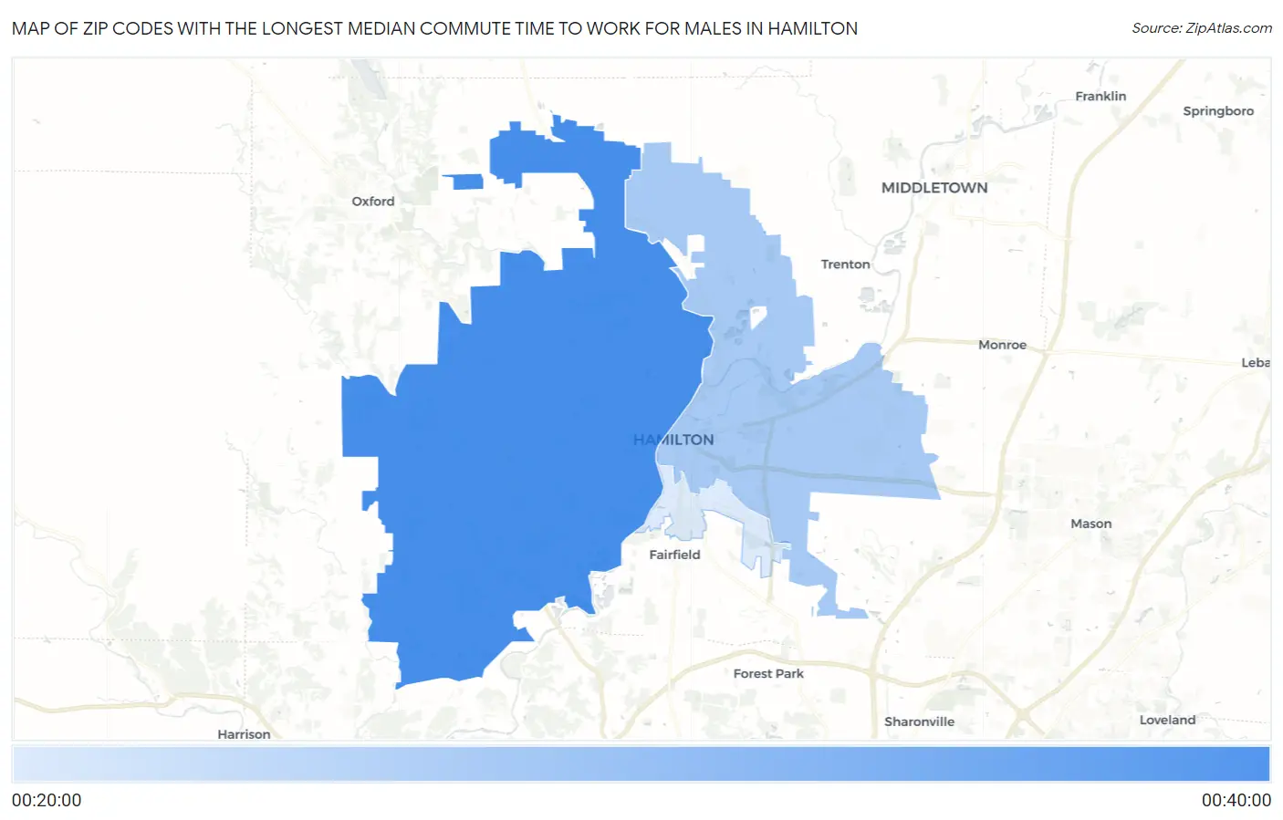 Zip Codes with the Longest Median Commute Time to Work for Males in Hamilton Map