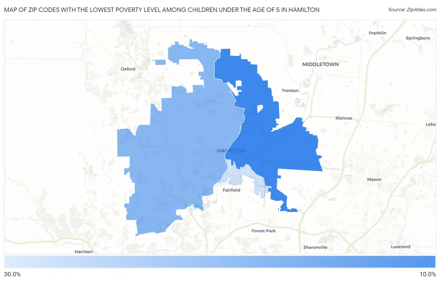 Zip Codes with the Lowest Poverty Level Among Children Under the Age of 5 in Hamilton Map