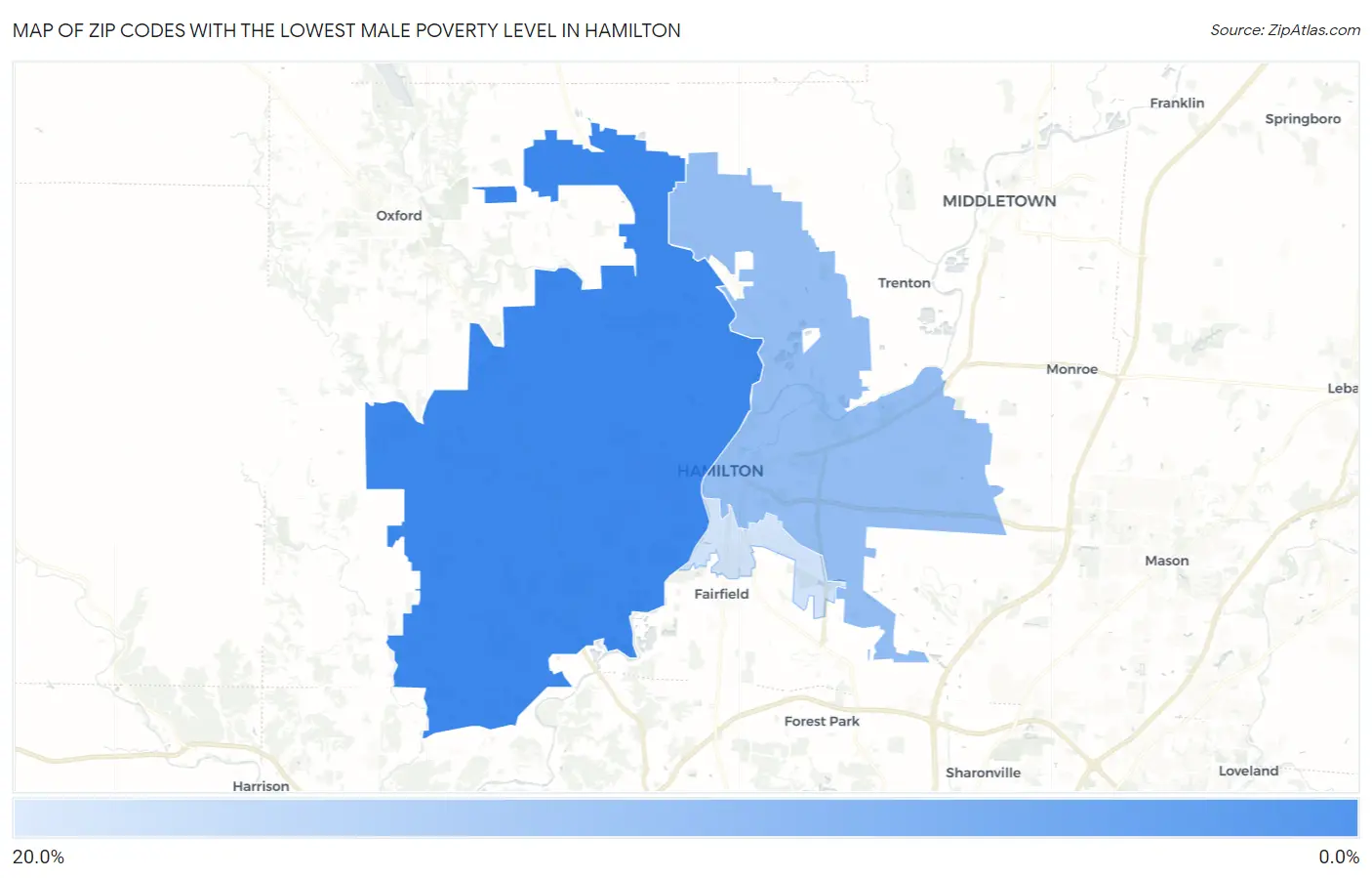 Zip Codes with the Lowest Male Poverty Level in Hamilton Map