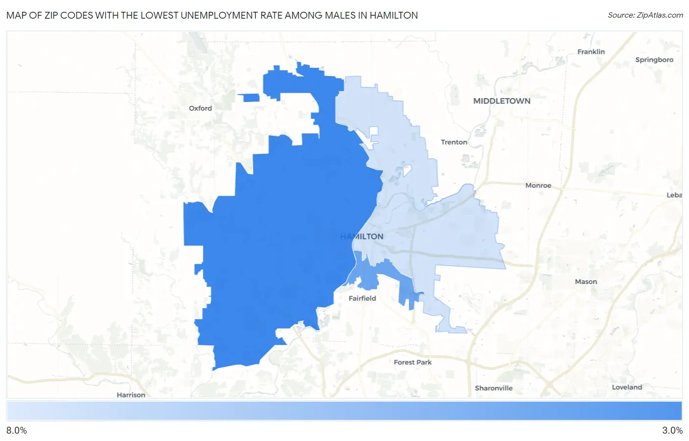 Zip Codes with the Lowest Unemployment Rate Among Males in Hamilton Map