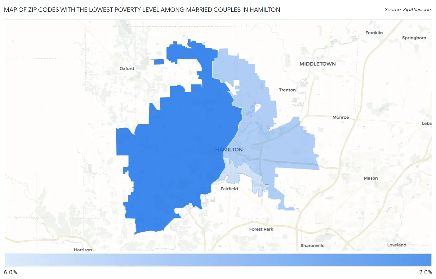 Zip Codes with the Lowest Poverty Level Among Married Couples in Hamilton Map