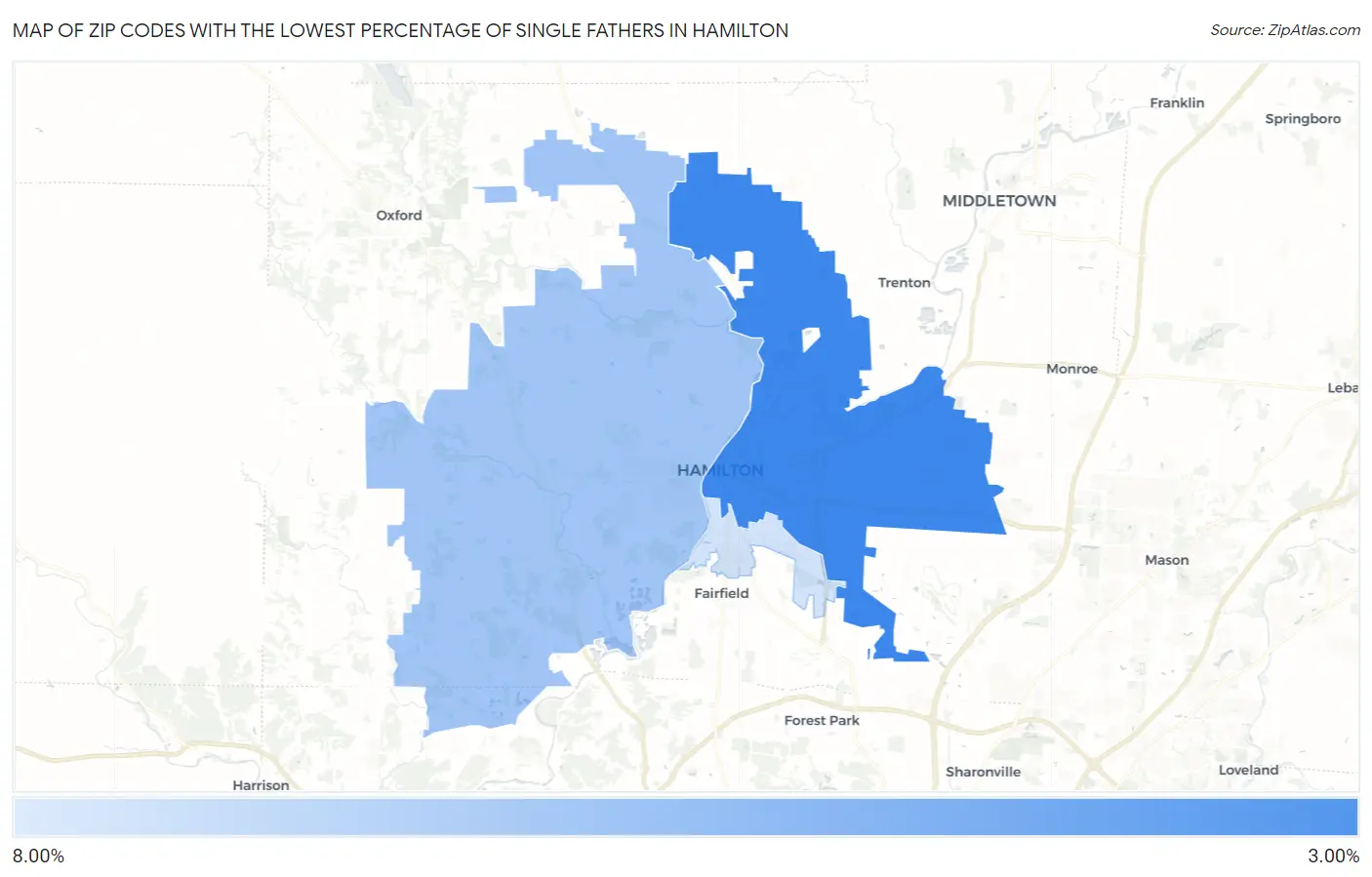 Zip Codes with the Lowest Percentage of Single Fathers in Hamilton Map
