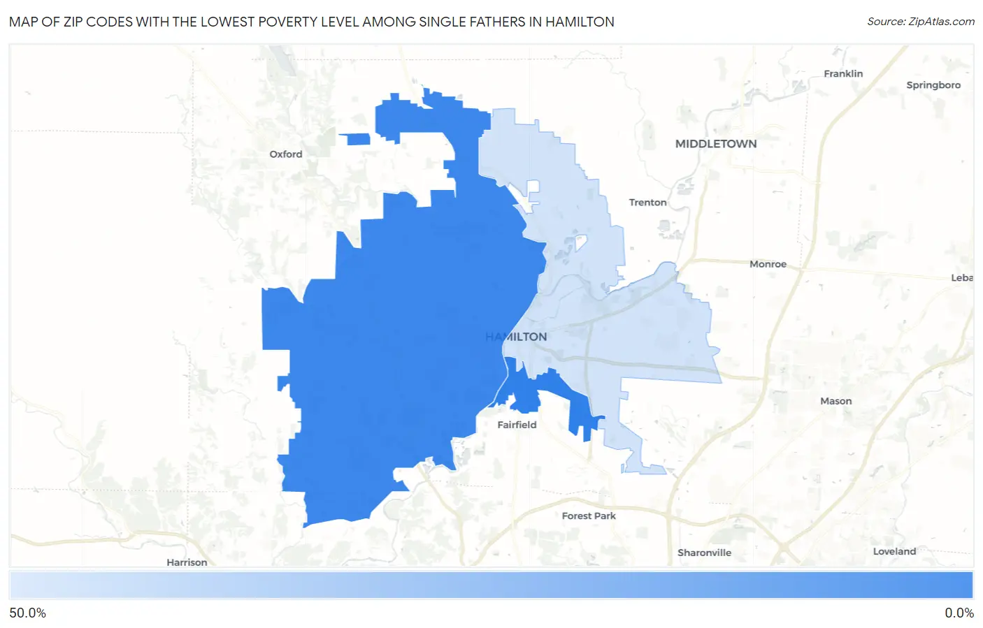 Zip Codes with the Lowest Poverty Level Among Single Fathers in Hamilton Map