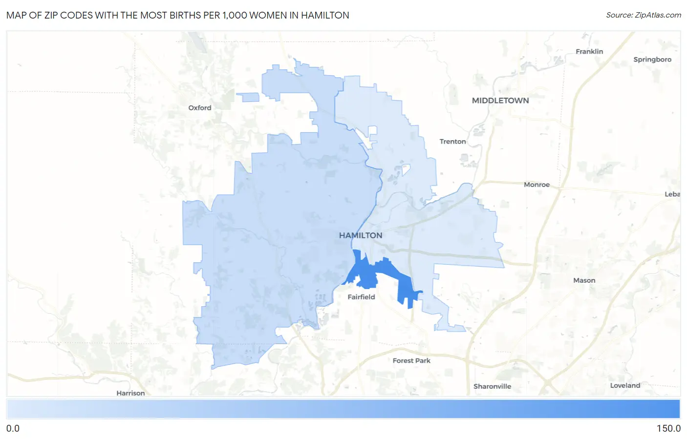 Zip Codes with the Most Births per 1,000 Women in Hamilton Map