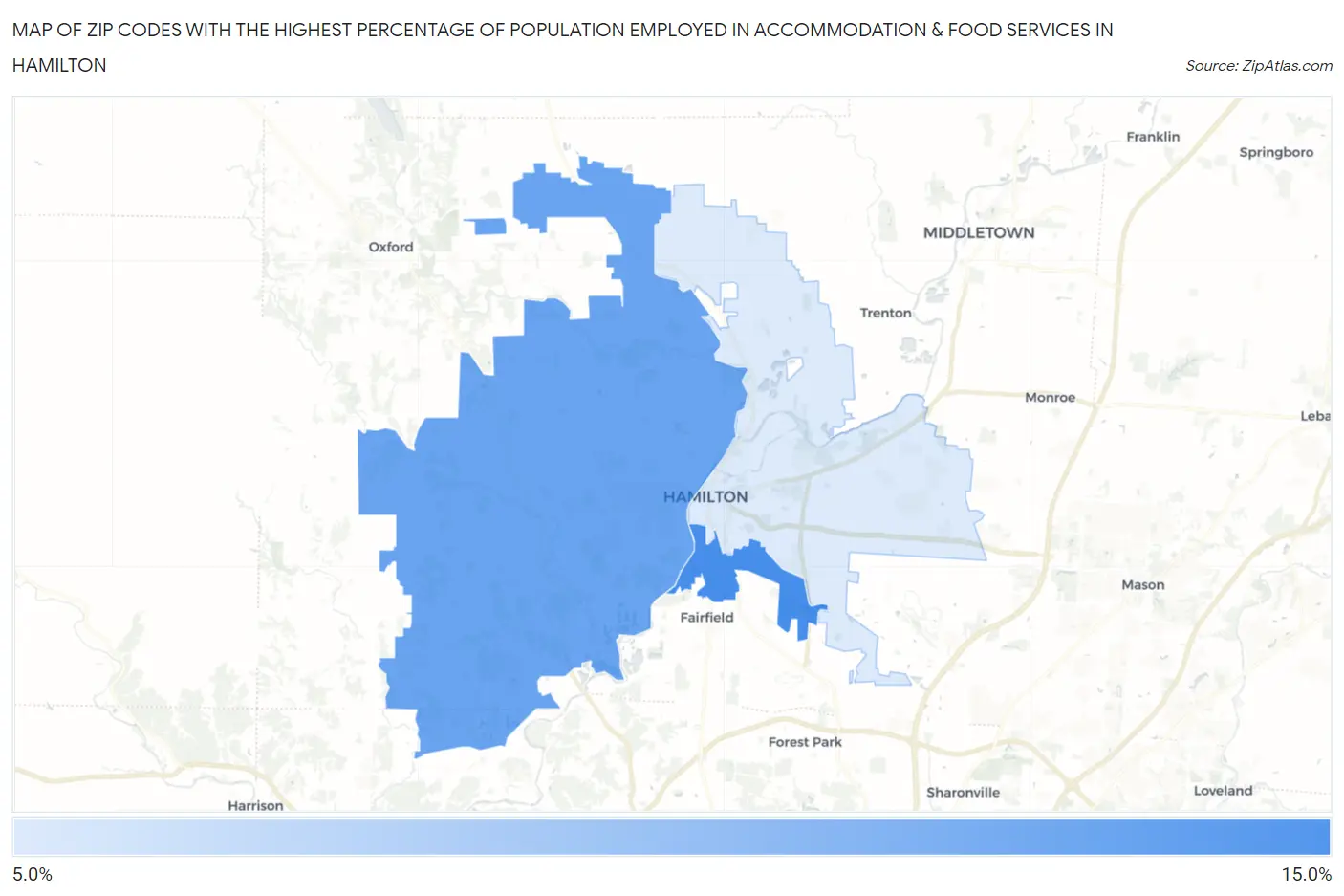 Zip Codes with the Highest Percentage of Population Employed in Accommodation & Food Services in Hamilton Map