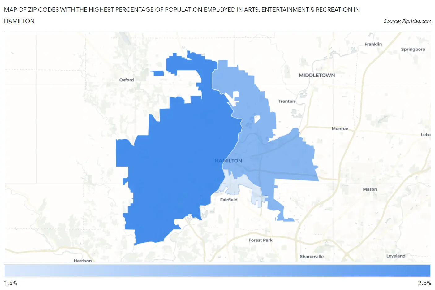 Zip Codes with the Highest Percentage of Population Employed in Arts, Entertainment & Recreation in Hamilton Map