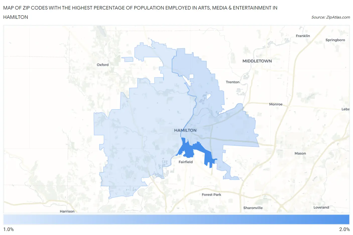 Zip Codes with the Highest Percentage of Population Employed in Arts, Media & Entertainment in Hamilton Map