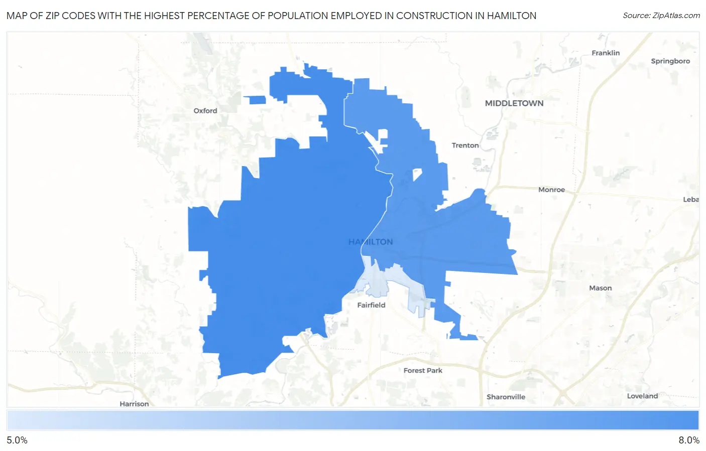 Zip Codes with the Highest Percentage of Population Employed in Construction in Hamilton Map