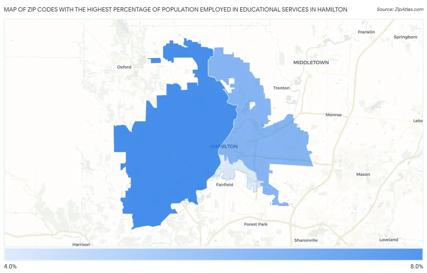 Zip Codes with the Highest Percentage of Population Employed in Educational Services in Hamilton Map
