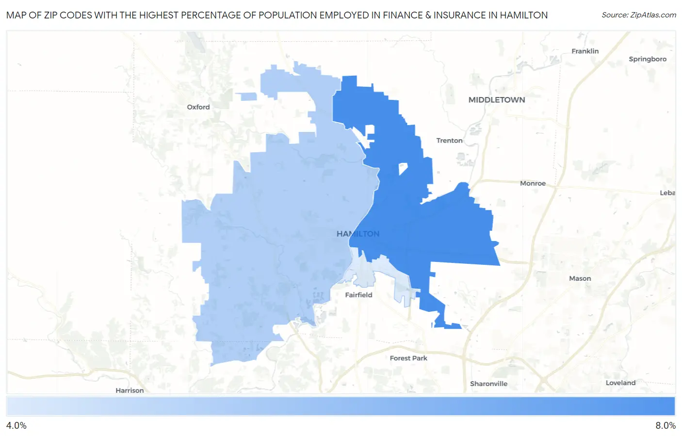 Zip Codes with the Highest Percentage of Population Employed in Finance & Insurance in Hamilton Map