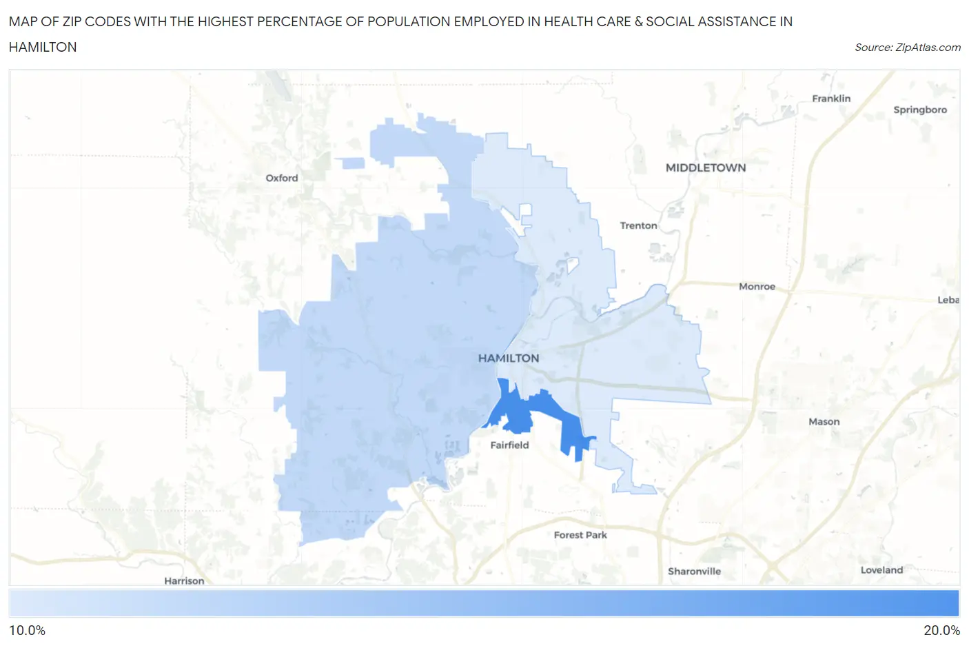 Zip Codes with the Highest Percentage of Population Employed in Health Care & Social Assistance in Hamilton Map