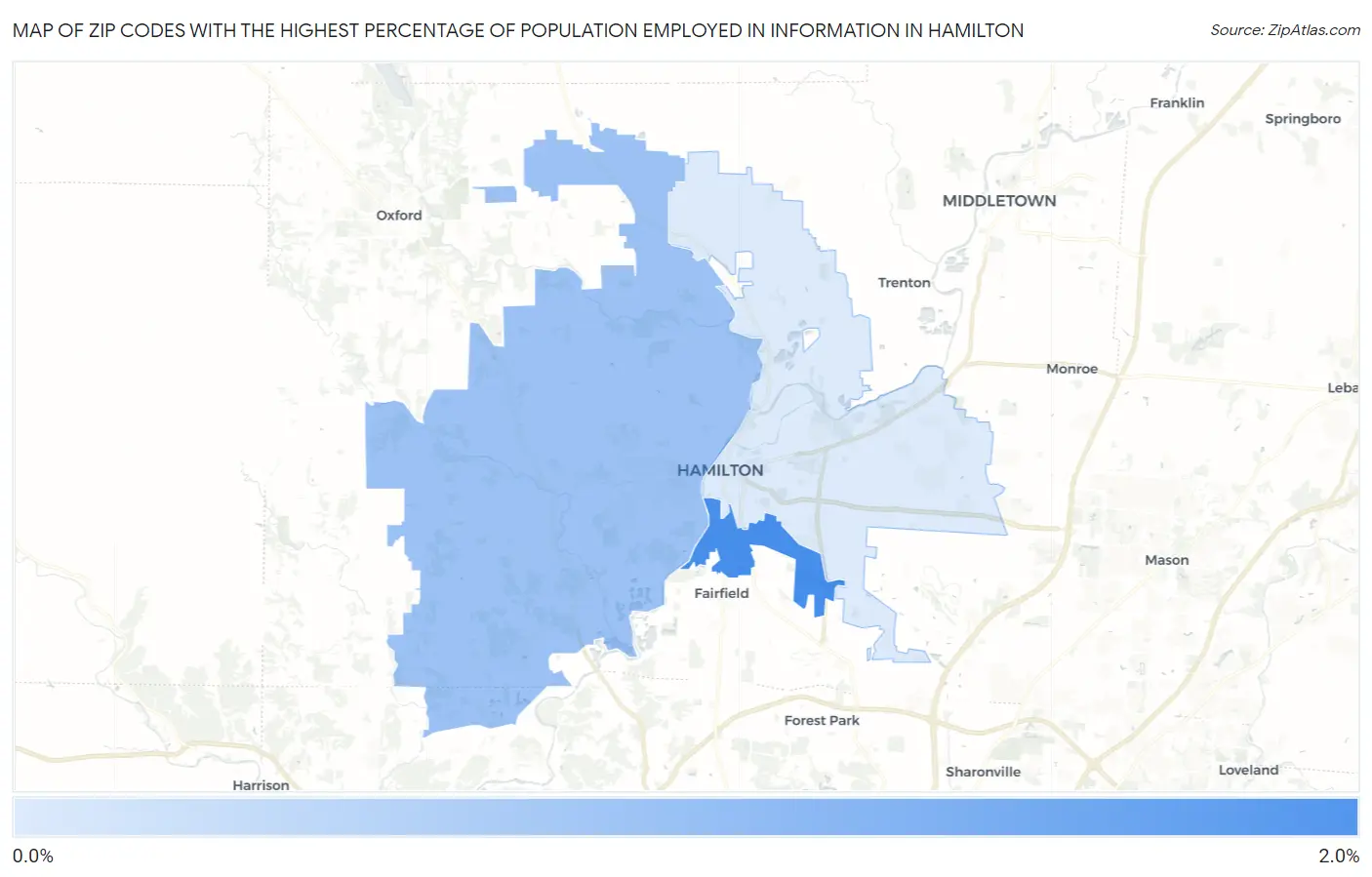 Zip Codes with the Highest Percentage of Population Employed in Information in Hamilton Map