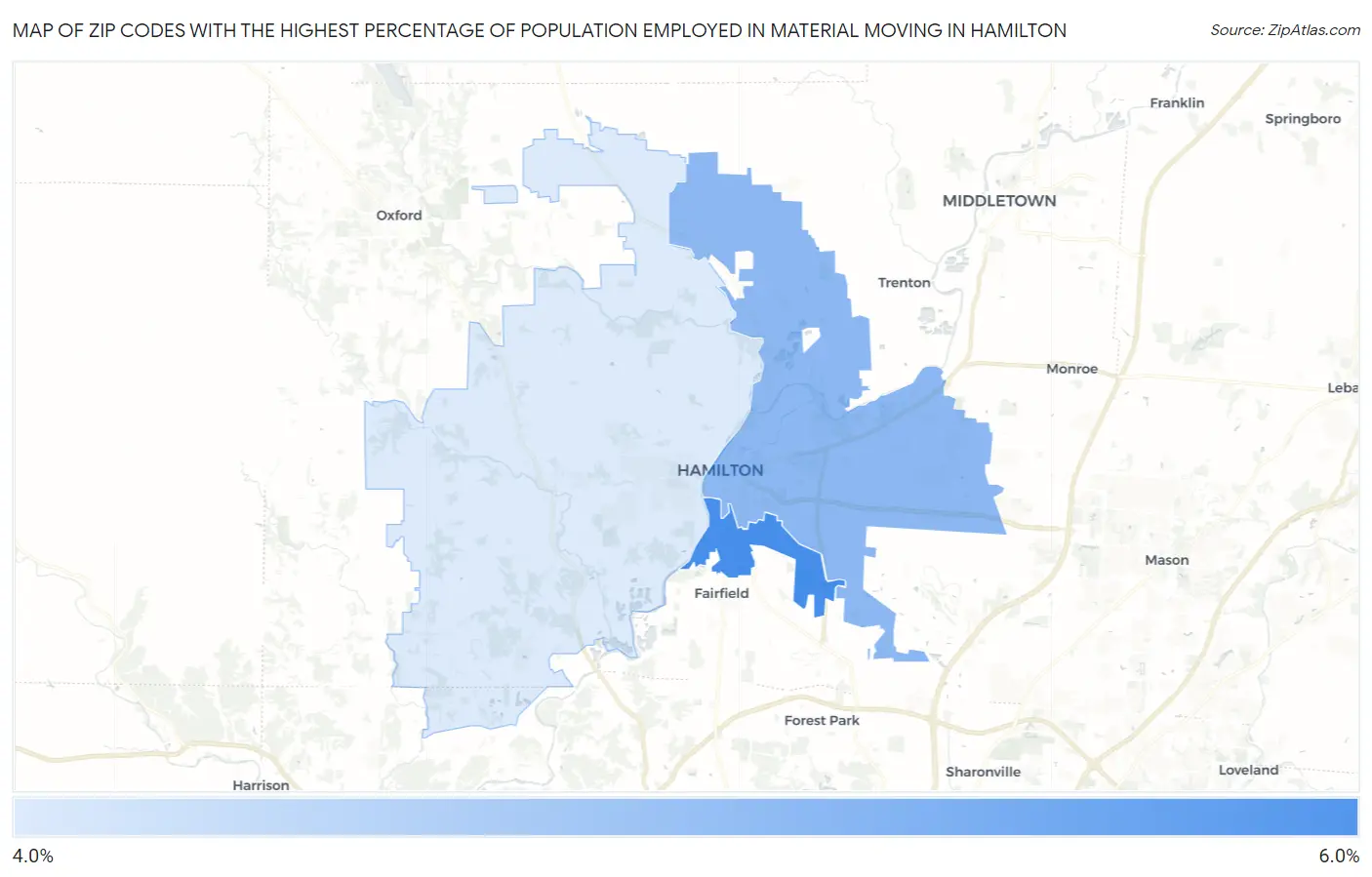 Zip Codes with the Highest Percentage of Population Employed in Material Moving in Hamilton Map