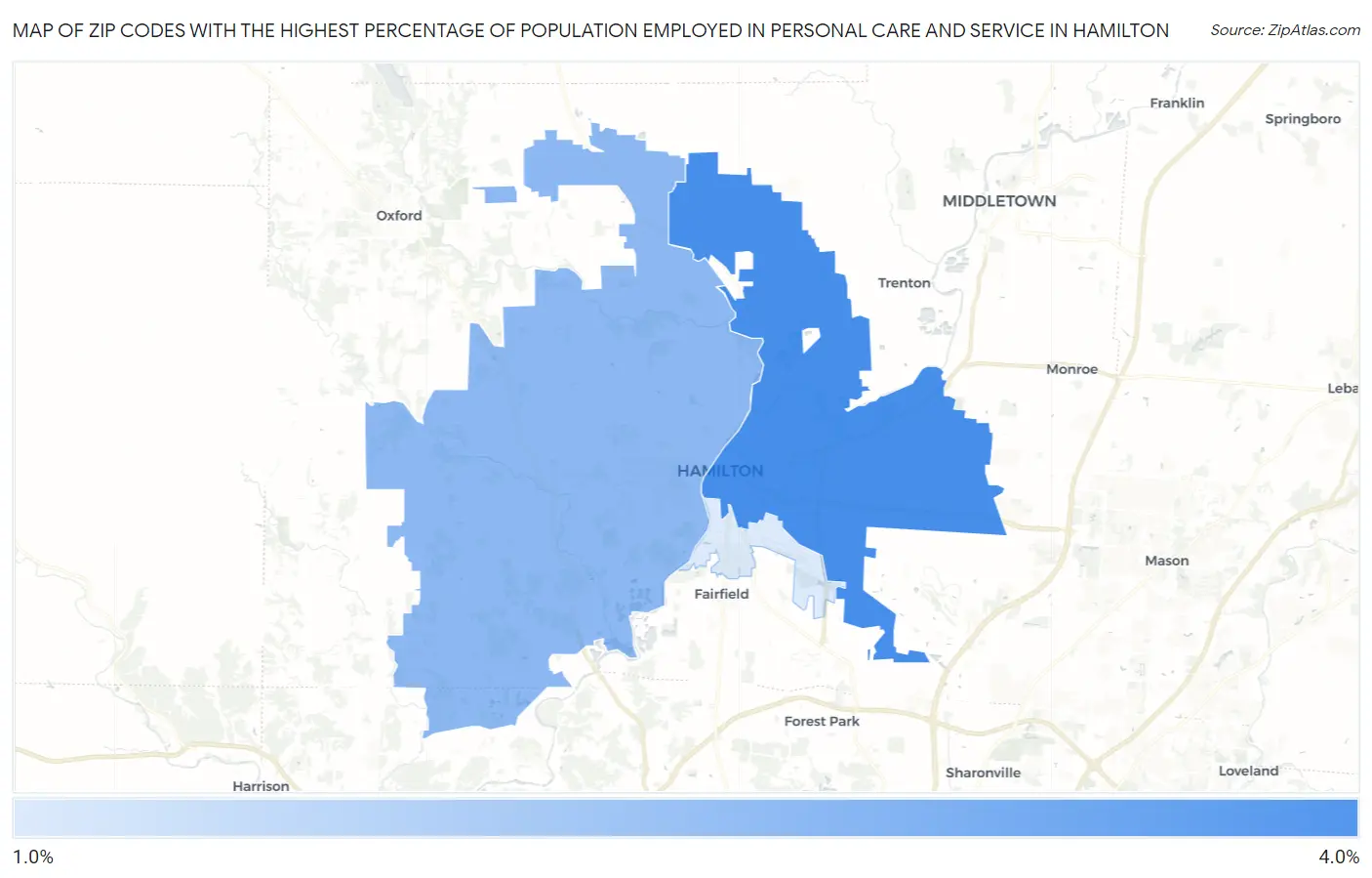 Zip Codes with the Highest Percentage of Population Employed in Personal Care and Service in Hamilton Map