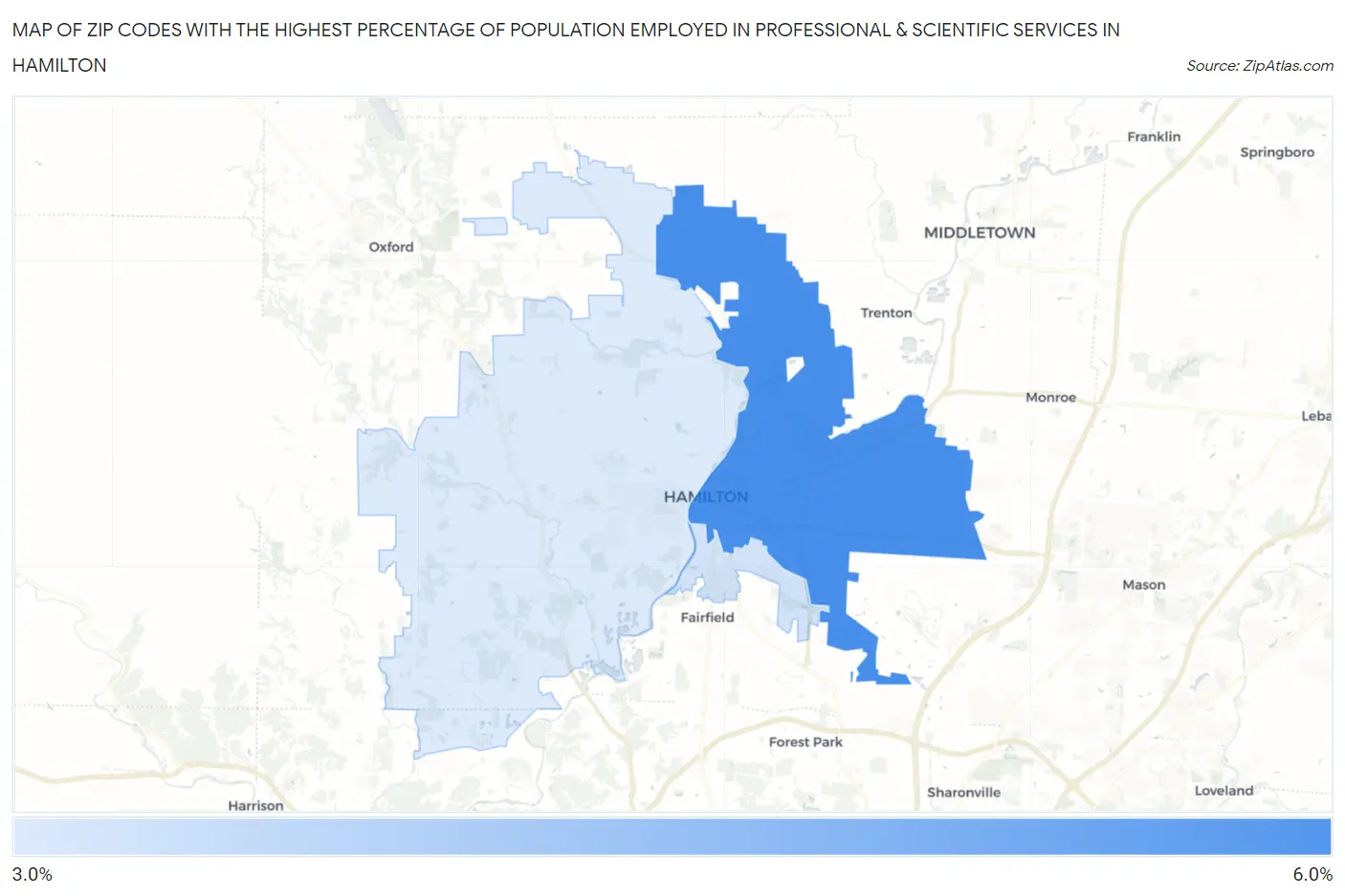 Zip Codes with the Highest Percentage of Population Employed in Professional & Scientific Services in Hamilton Map