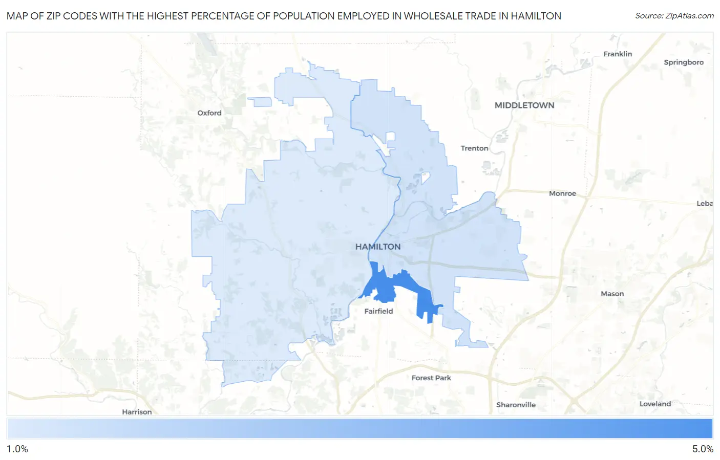 Zip Codes with the Highest Percentage of Population Employed in Wholesale Trade in Hamilton Map
