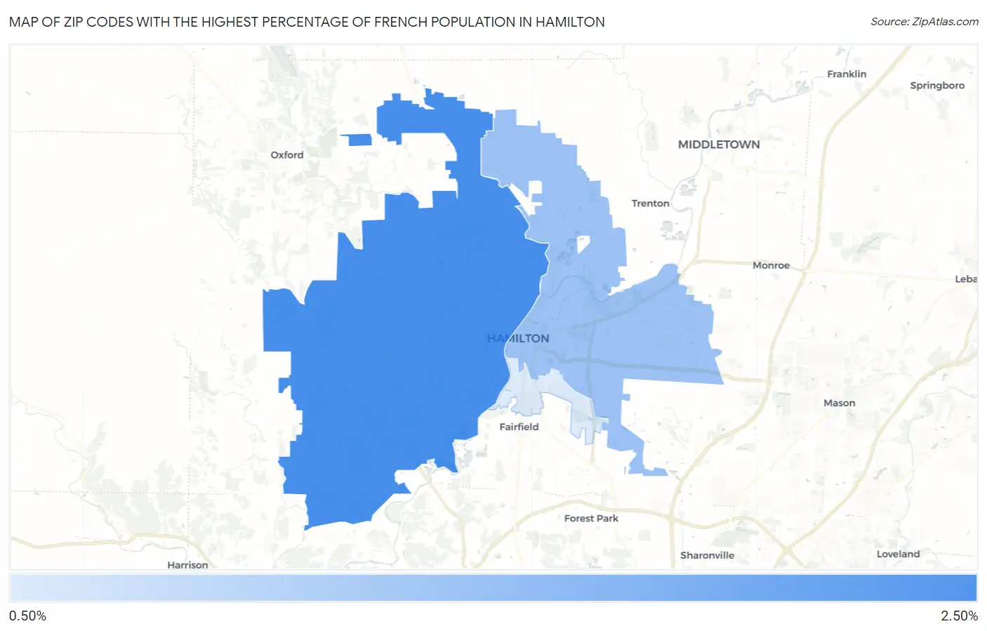 Zip Codes with the Highest Percentage of French Population in Hamilton Map
