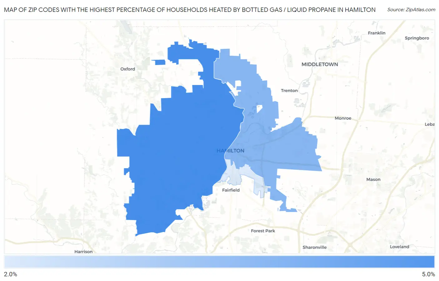 Zip Codes with the Highest Percentage of Households Heated by Bottled Gas / Liquid Propane in Hamilton Map
