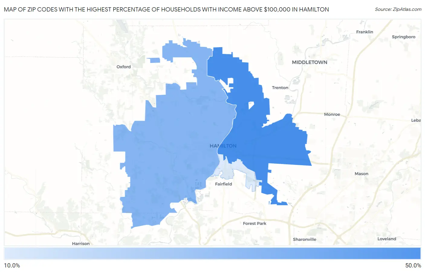 Zip Codes with the Highest Percentage of Households with Income Above $100,000 in Hamilton Map