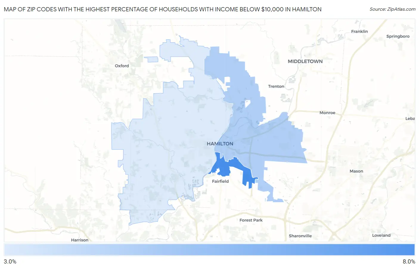 Zip Codes with the Highest Percentage of Households with Income Below $10,000 in Hamilton Map