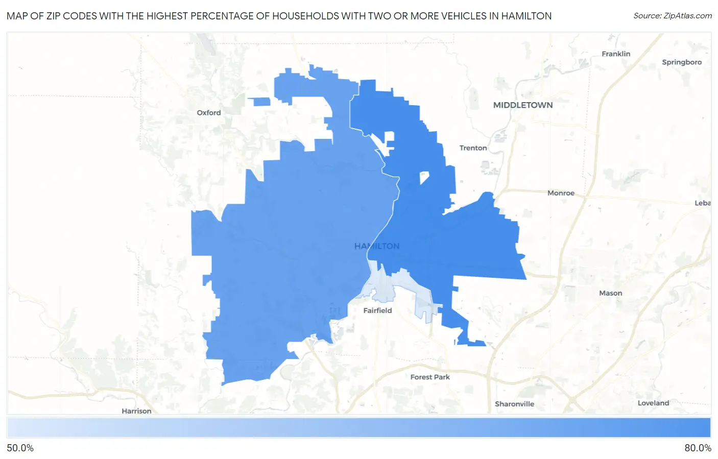 Zip Codes with the Highest Percentage of Households With Two or more Vehicles in Hamilton Map