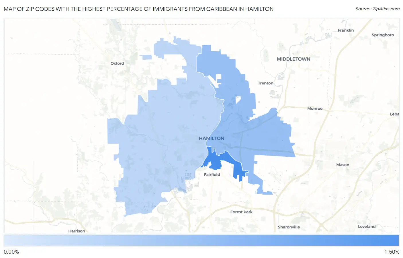 Zip Codes with the Highest Percentage of Immigrants from Caribbean in Hamilton Map
