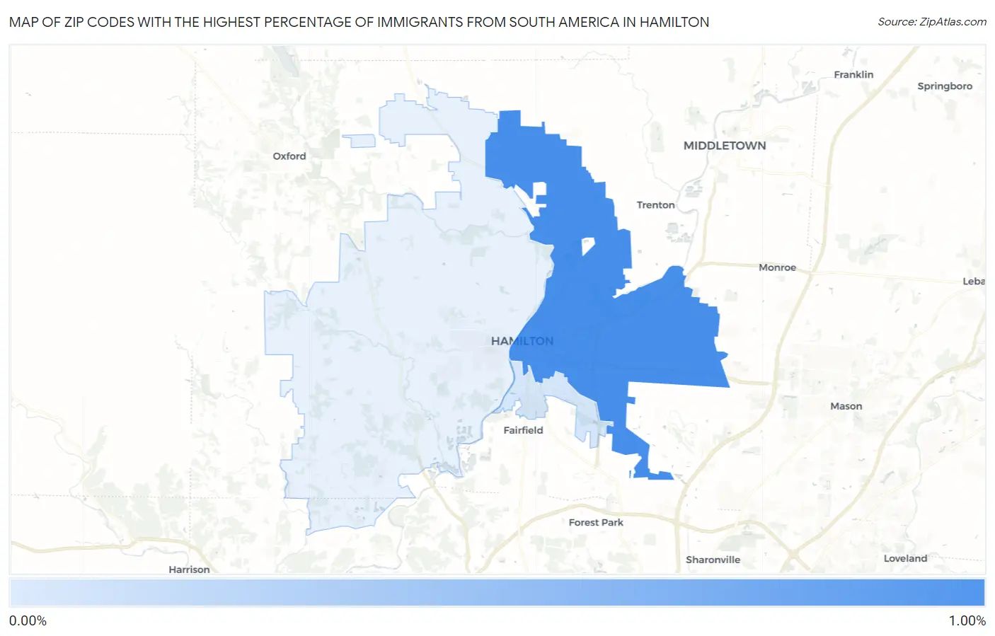 Zip Codes with the Highest Percentage of Immigrants from South America in Hamilton Map