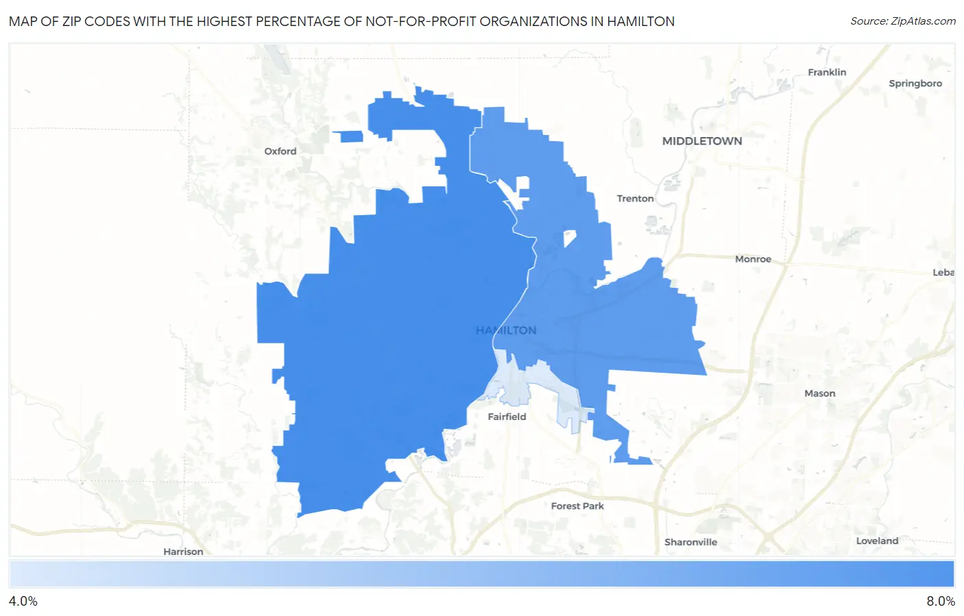 Zip Codes with the Highest Percentage of Not-for-profit Organizations in Hamilton Map
