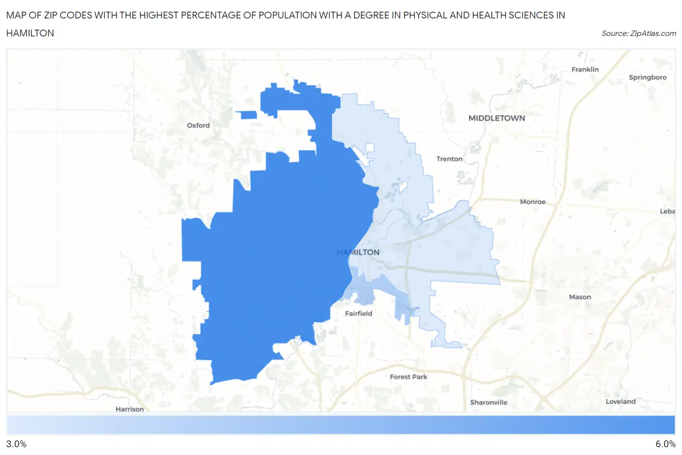 Zip Codes with the Highest Percentage of Population with a Degree in Physical and Health Sciences in Hamilton Map
