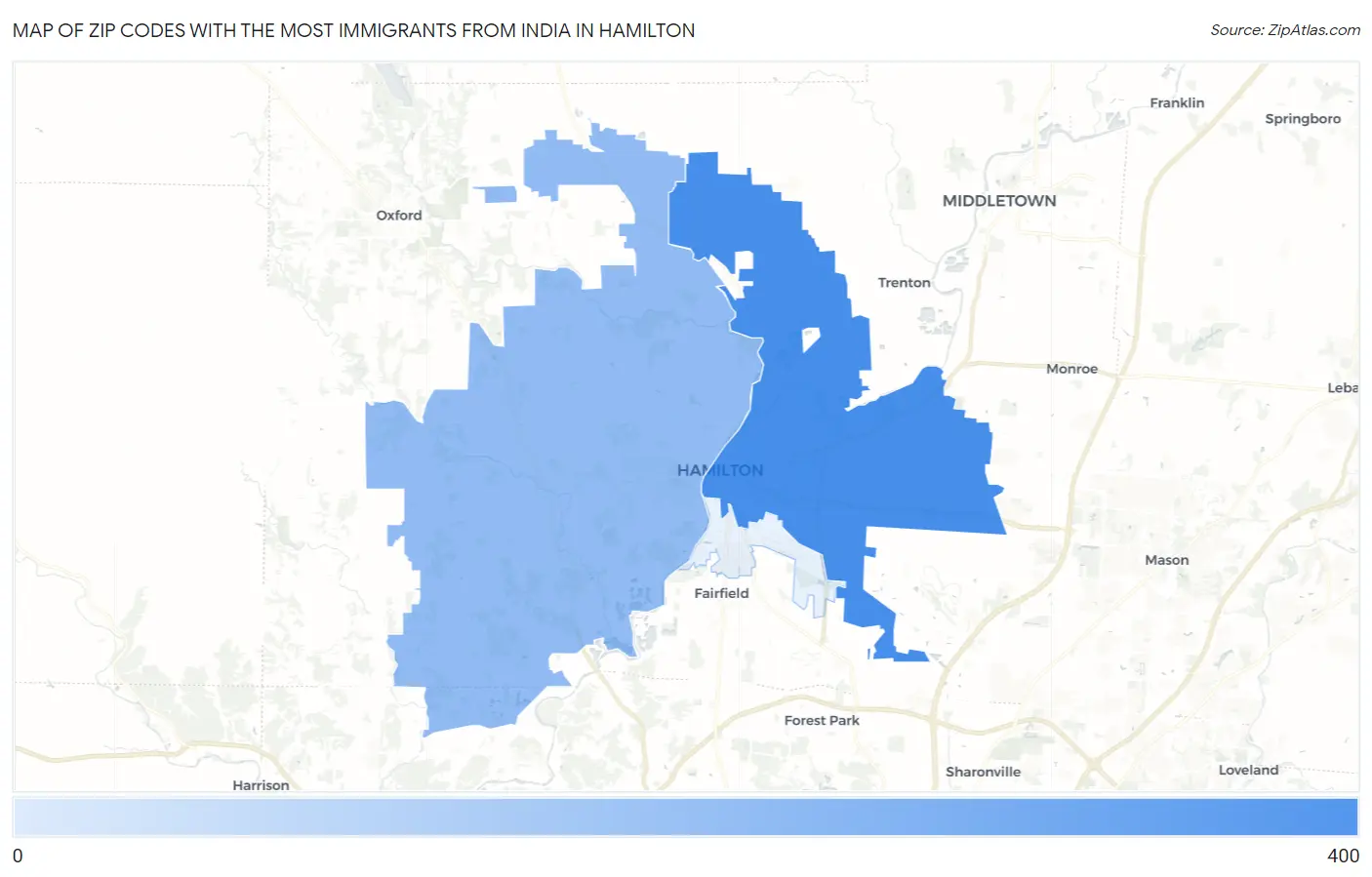 Zip Codes with the Most Immigrants from India in Hamilton Map