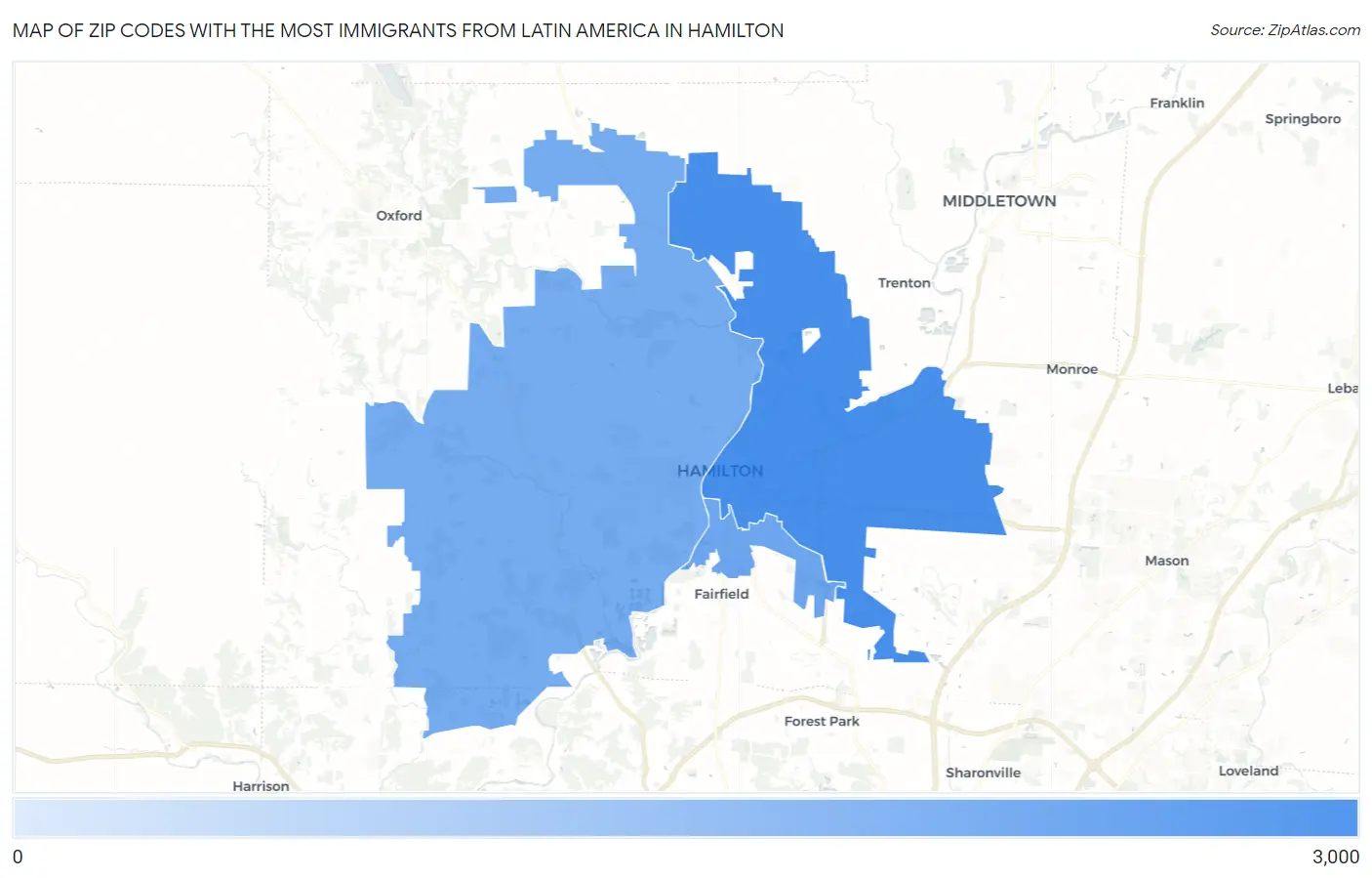 Zip Codes with the Most Immigrants from Latin America in Hamilton Map