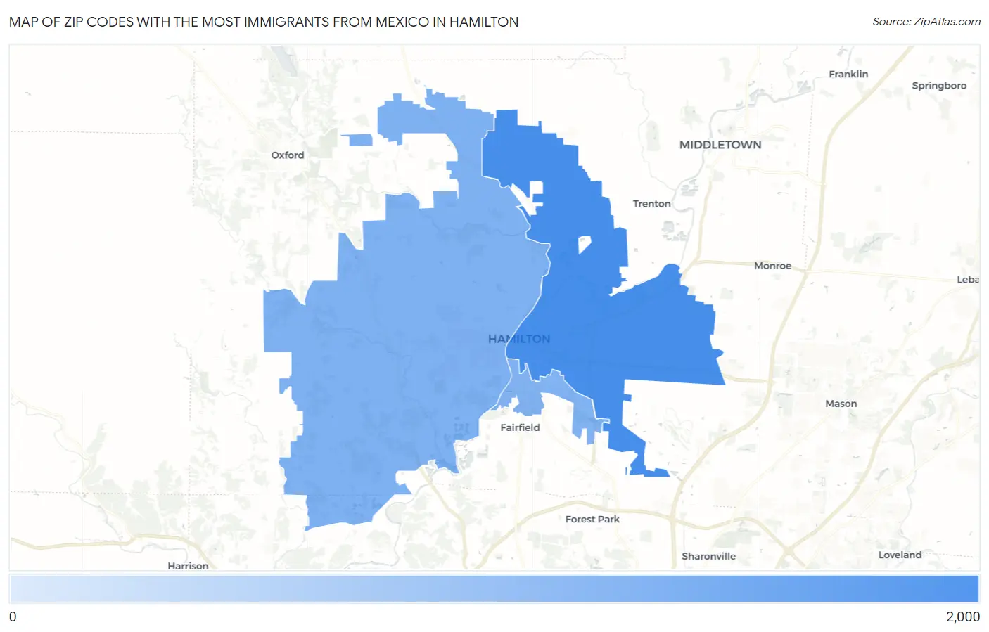 Zip Codes with the Most Immigrants from Mexico in Hamilton Map