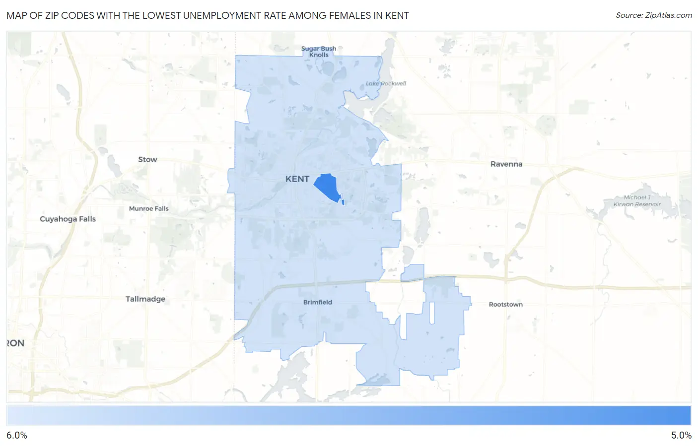 Zip Codes with the Lowest Unemployment Rate Among Females in Kent Map