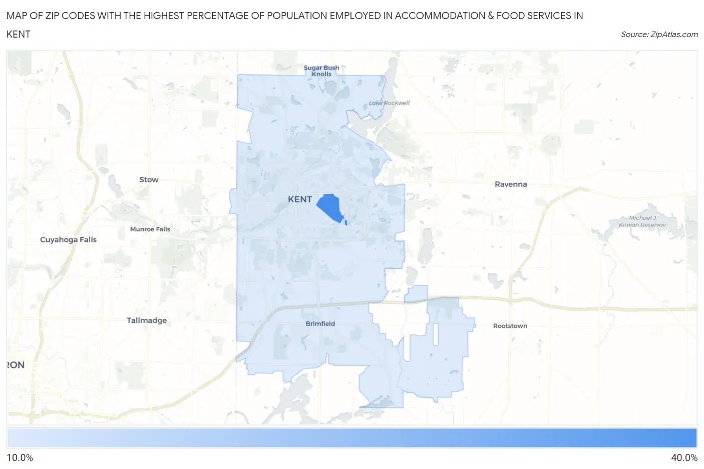 Zip Codes with the Highest Percentage of Population Employed in Accommodation & Food Services in Kent Map