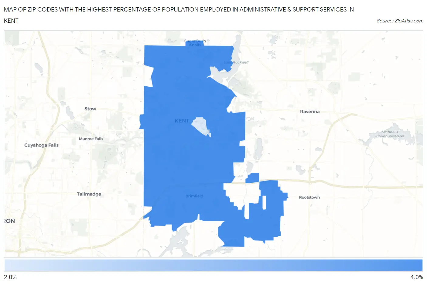 Zip Codes with the Highest Percentage of Population Employed in Administrative & Support Services in Kent Map