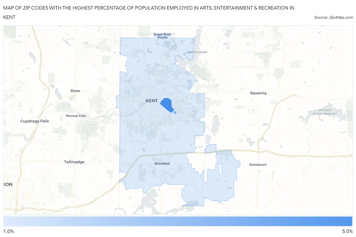 Zip Codes with the Highest Percentage of Population Employed in Arts, Entertainment & Recreation in Kent Map