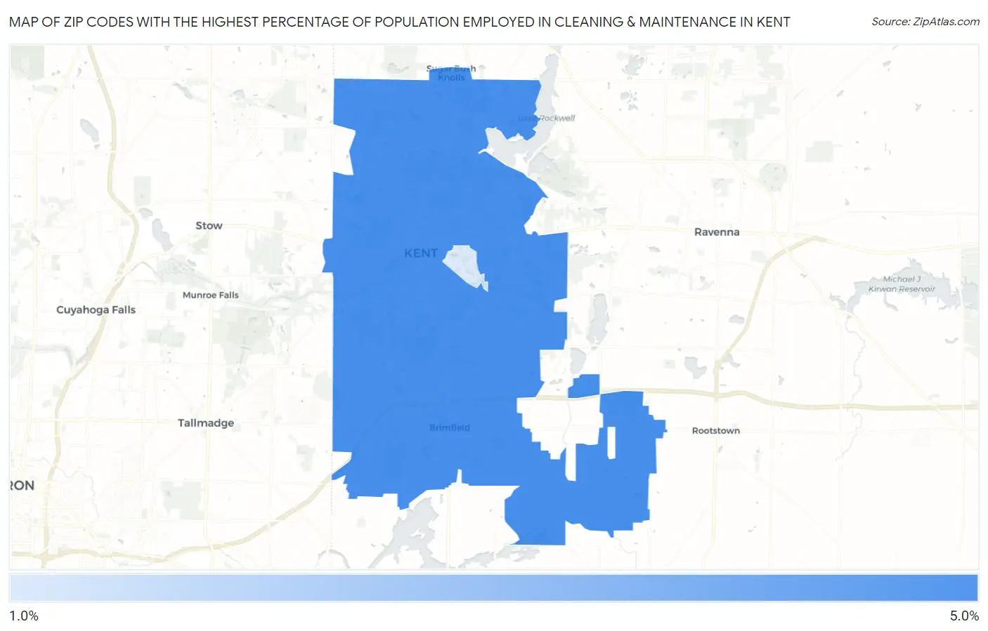 Zip Codes with the Highest Percentage of Population Employed in Cleaning & Maintenance in Kent Map