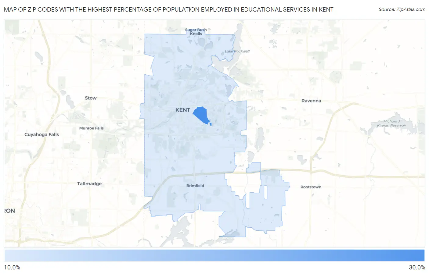 Zip Codes with the Highest Percentage of Population Employed in Educational Services in Kent Map