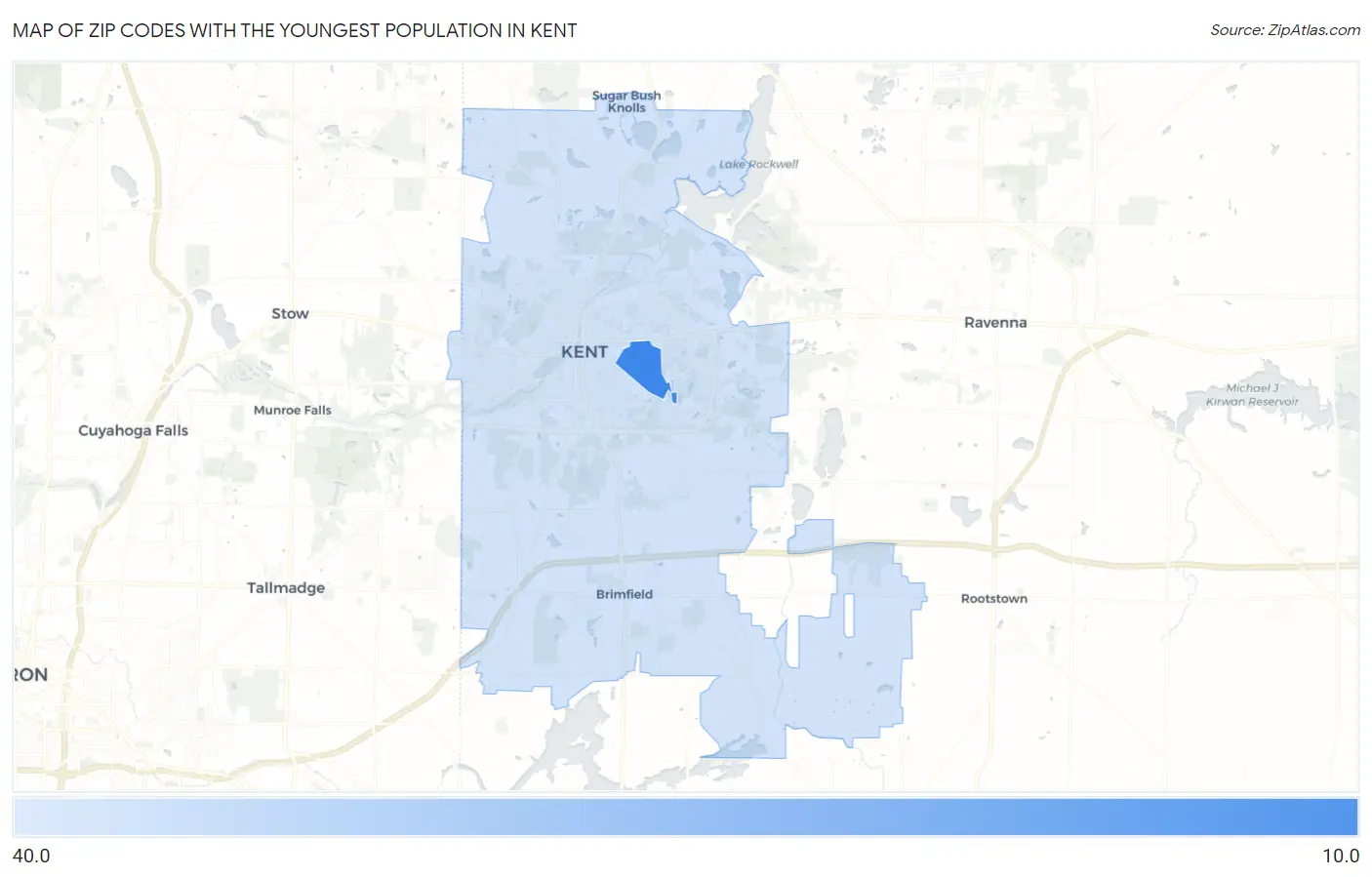 Zip Codes with the Youngest Population in Kent Map